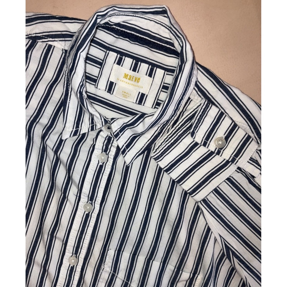 Maeve Anthropologie Small Blue White Striped Cotton Button Up Shirt Long Sleeve